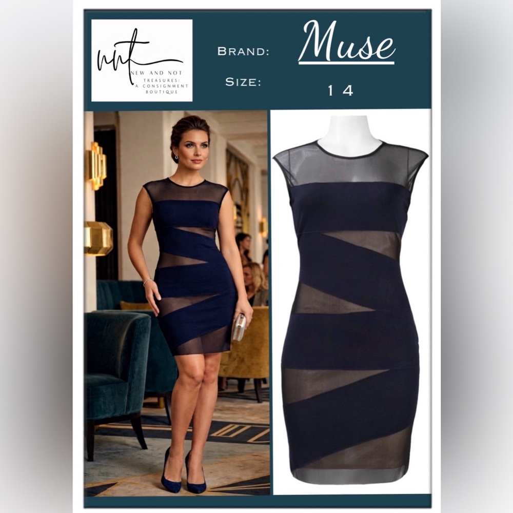 Muse M3255M Navy Mesh Panel Bodycon Cocktail Dress Size 14 NWT Illusion Sheer